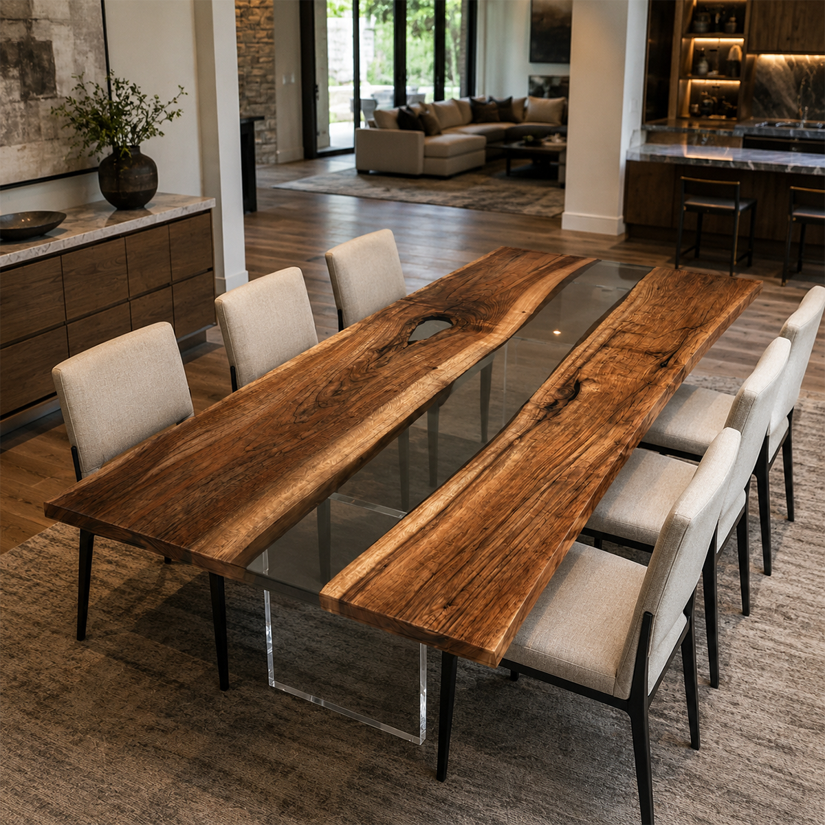 Black Walnut Wood with Transparent Epoxy Resin Dining Table 31.5"W x 78.7"L Thickness 1.6"