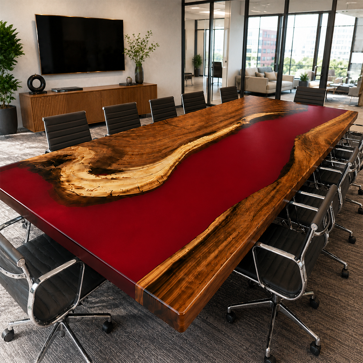 Walnut Wood with Red Epoxy Resin Conference Table