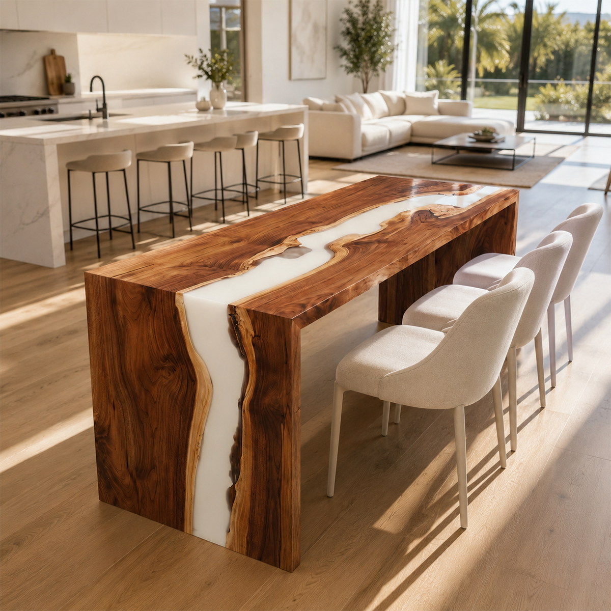Walnut Wood White Epoxy Resin Waterfall Dining Table