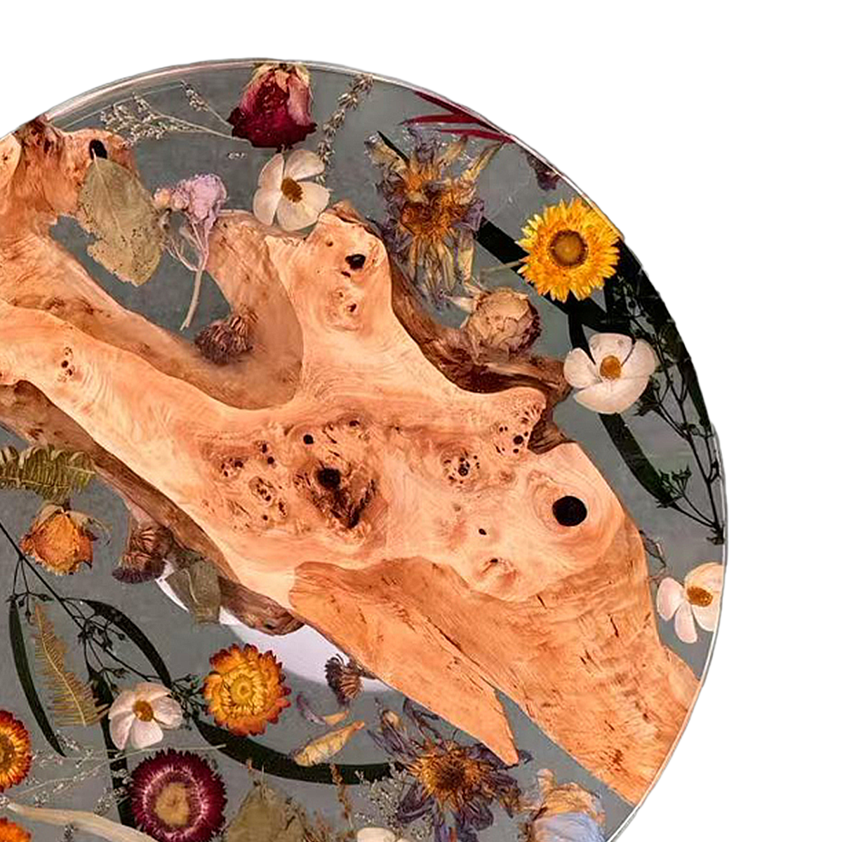 Poplar Wood Flower Resin Round Side Table