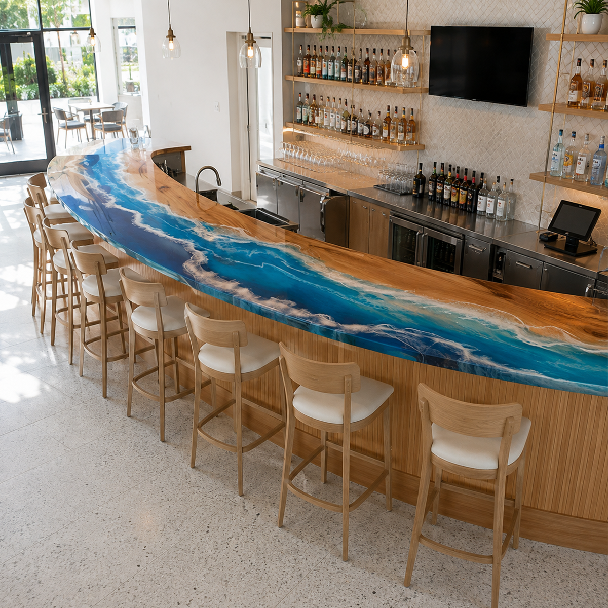 Walnut Wood Curved Ocean Wave Commercial Custom Epoxy Resin Bar Table