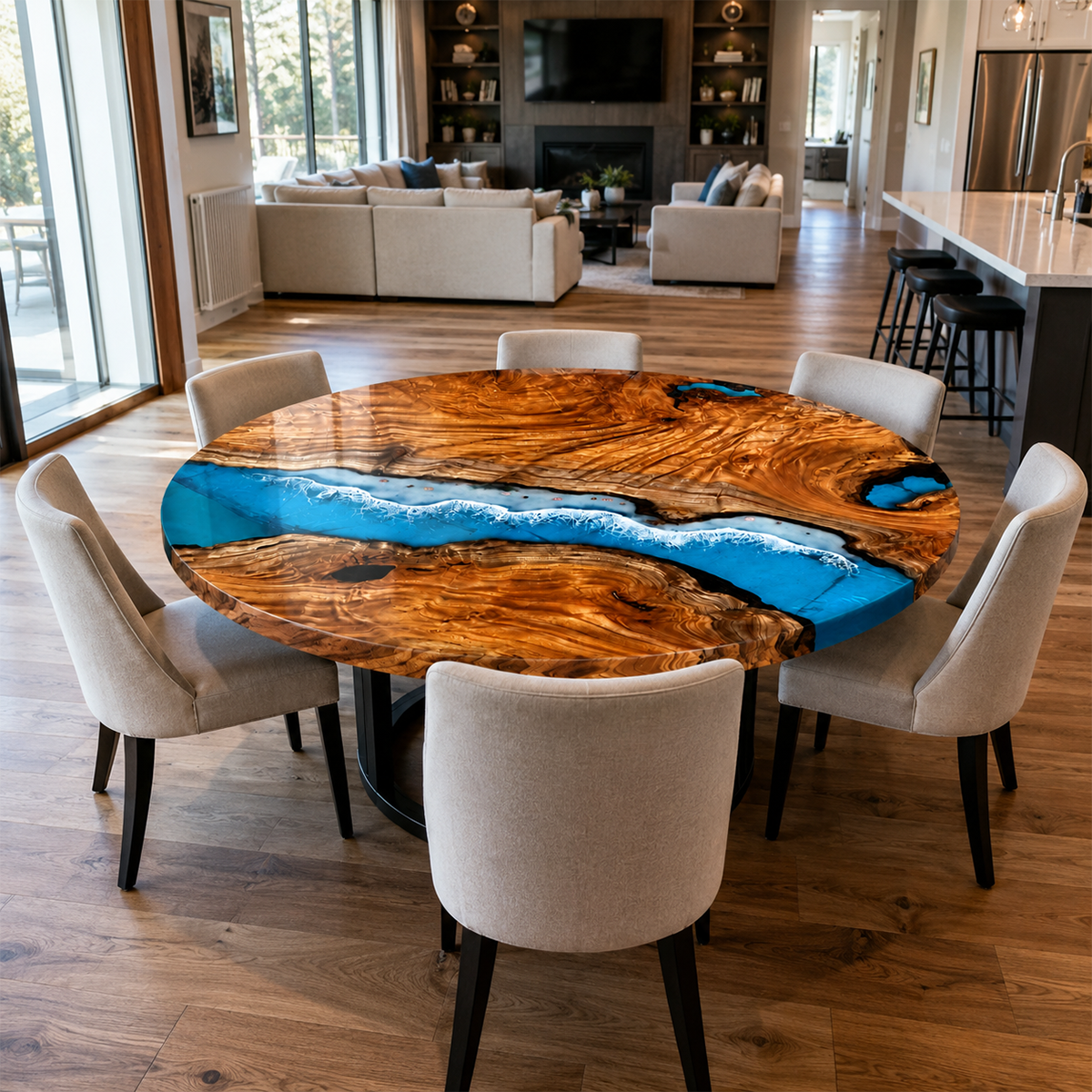 Cunninghamia Wood Blue Wave Resin Round Table