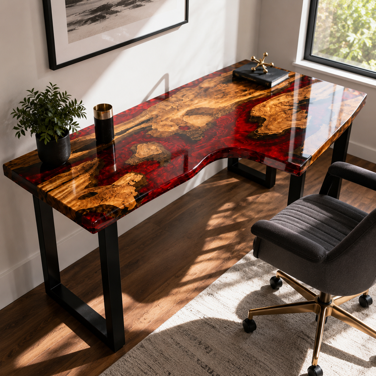 Poplar Burl Ergonomic Swirling Red Epoxy Resin Desk Table