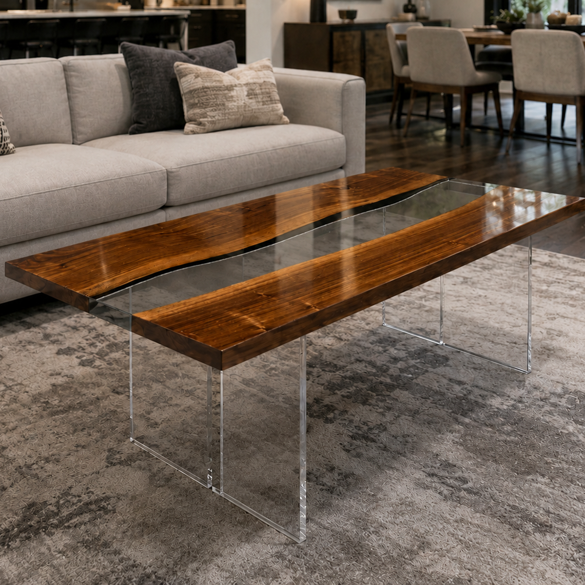 Black Walnut Wood with Clear Epoxy Resin Coffee Table 23.6"W x 47.2"L Thickness 2.0"