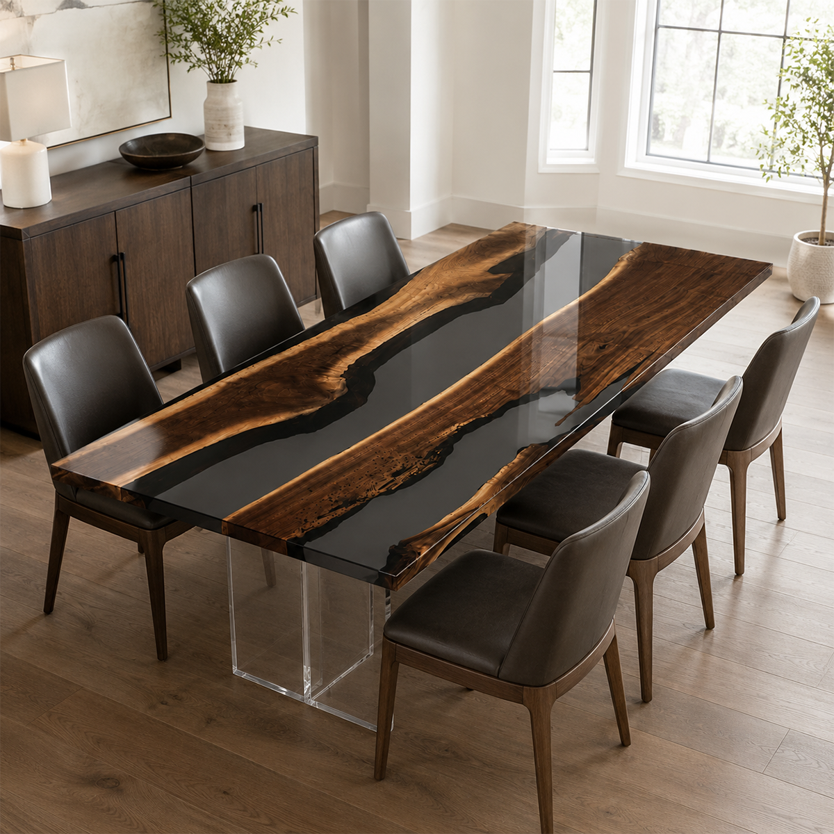 Black Walnut Wood with Transparent Epoxy Resin Dining Table 29.9"W x 71.7"L Thickness 1.6"