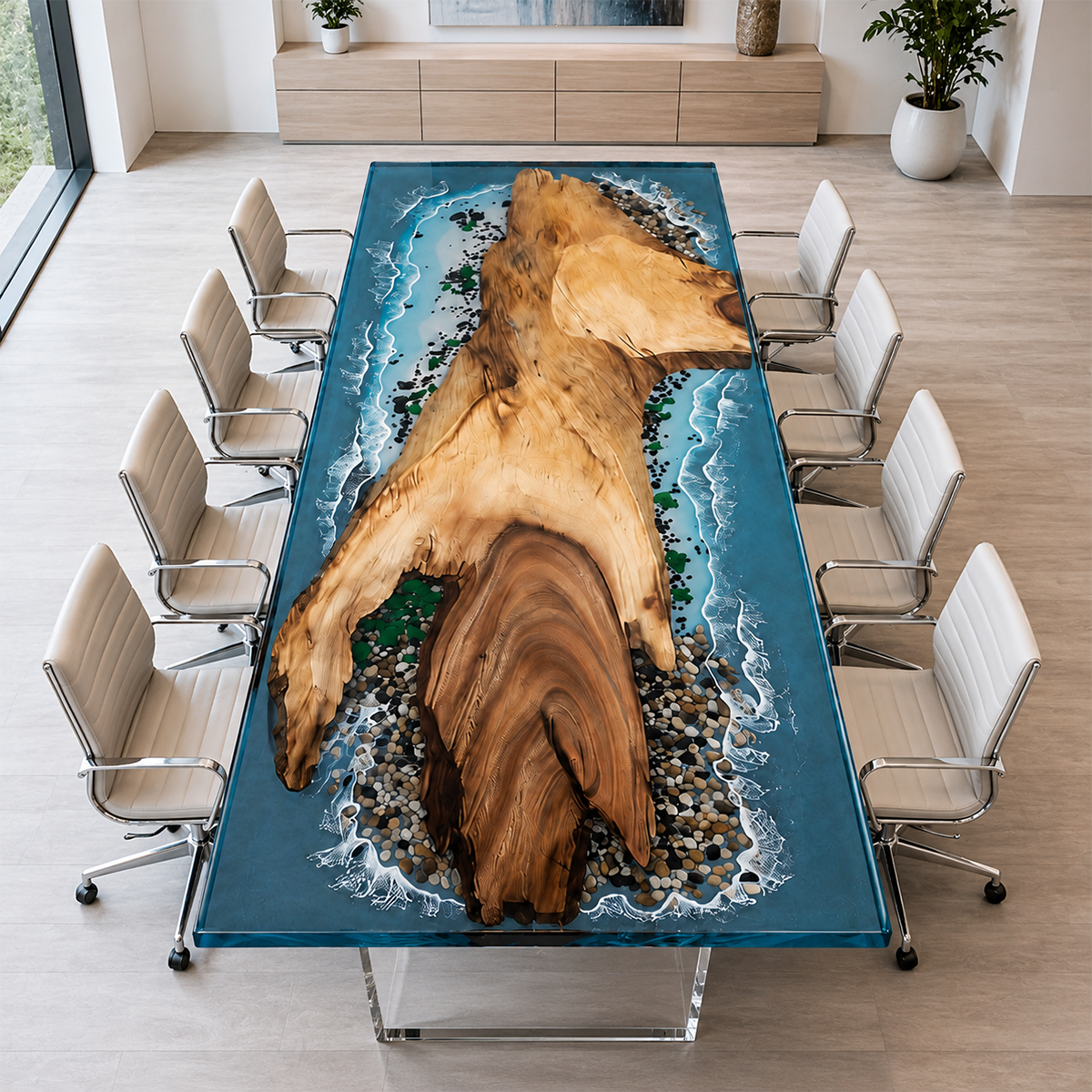 Walnut Wood with Blue Wave Epoxy Resin Conference Table