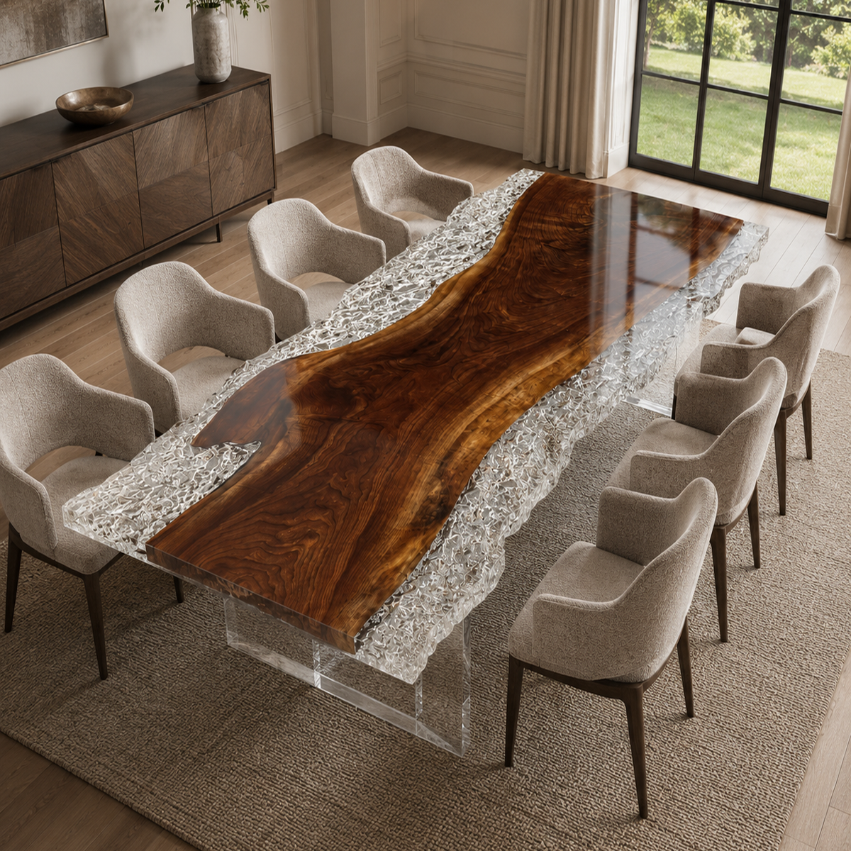 Black Walnut Wood Crushed Ice Clear Edge Epoxy Resin Dining Table 37.4"W x 93.7"L Thickness 2.0"
