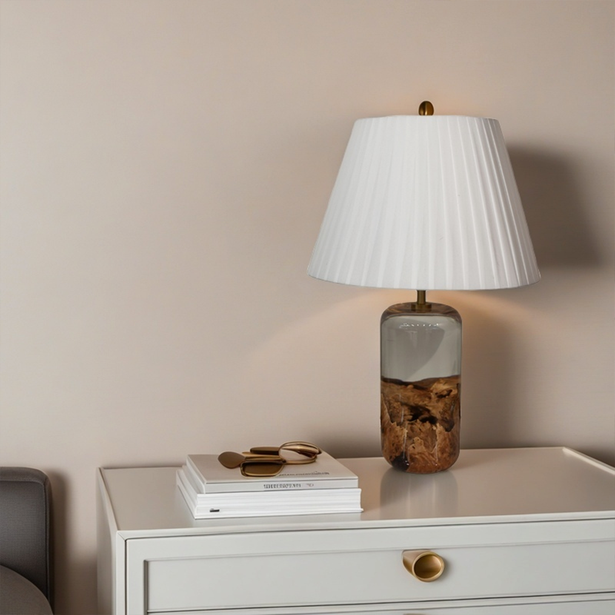 Burl Wood White Resin Table Lamp