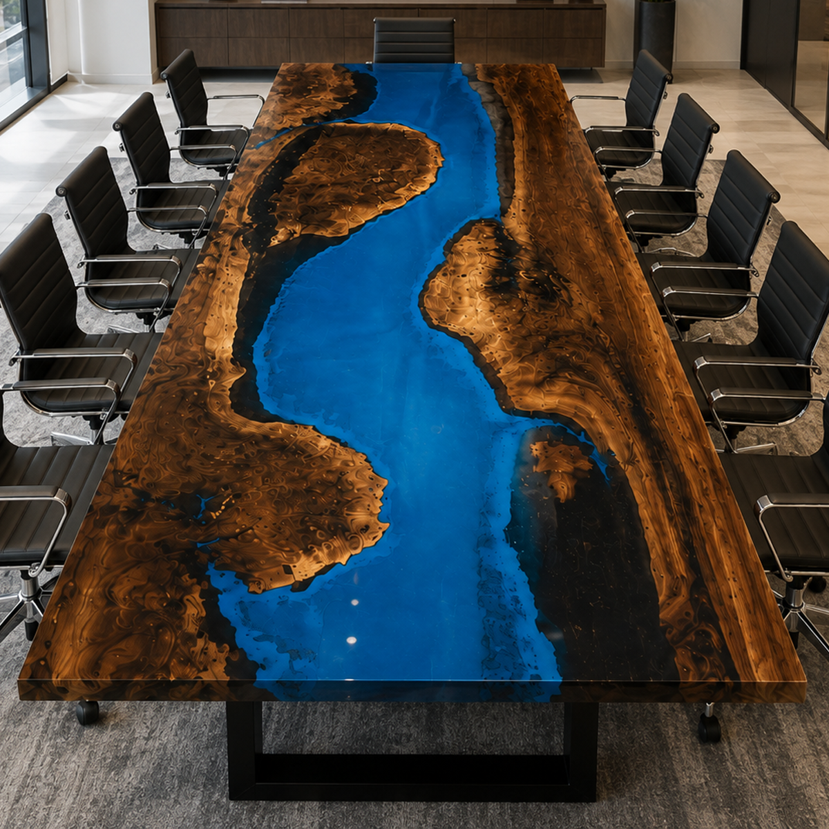 Luxury Black Walnut Wood Blue River Epoxy Conference Table