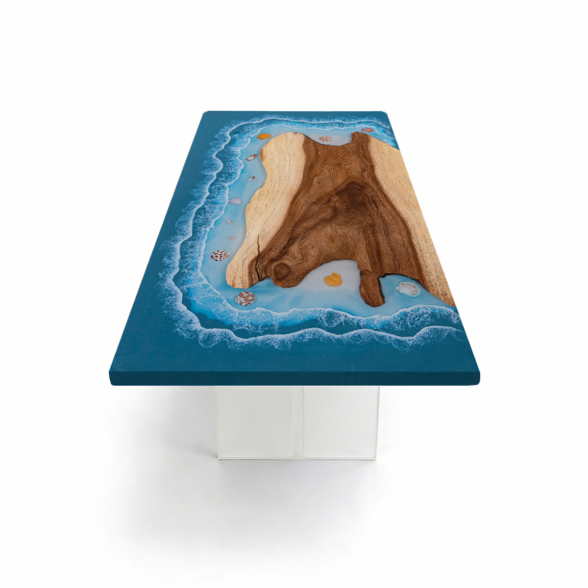 Walnut Wood Blue Wave Rectangle Coffee Table