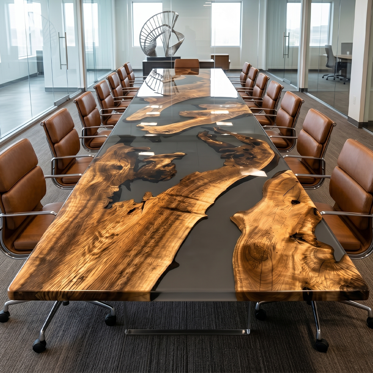 Golden Camphor with Transparent Black Epoxy Resin Conference Table