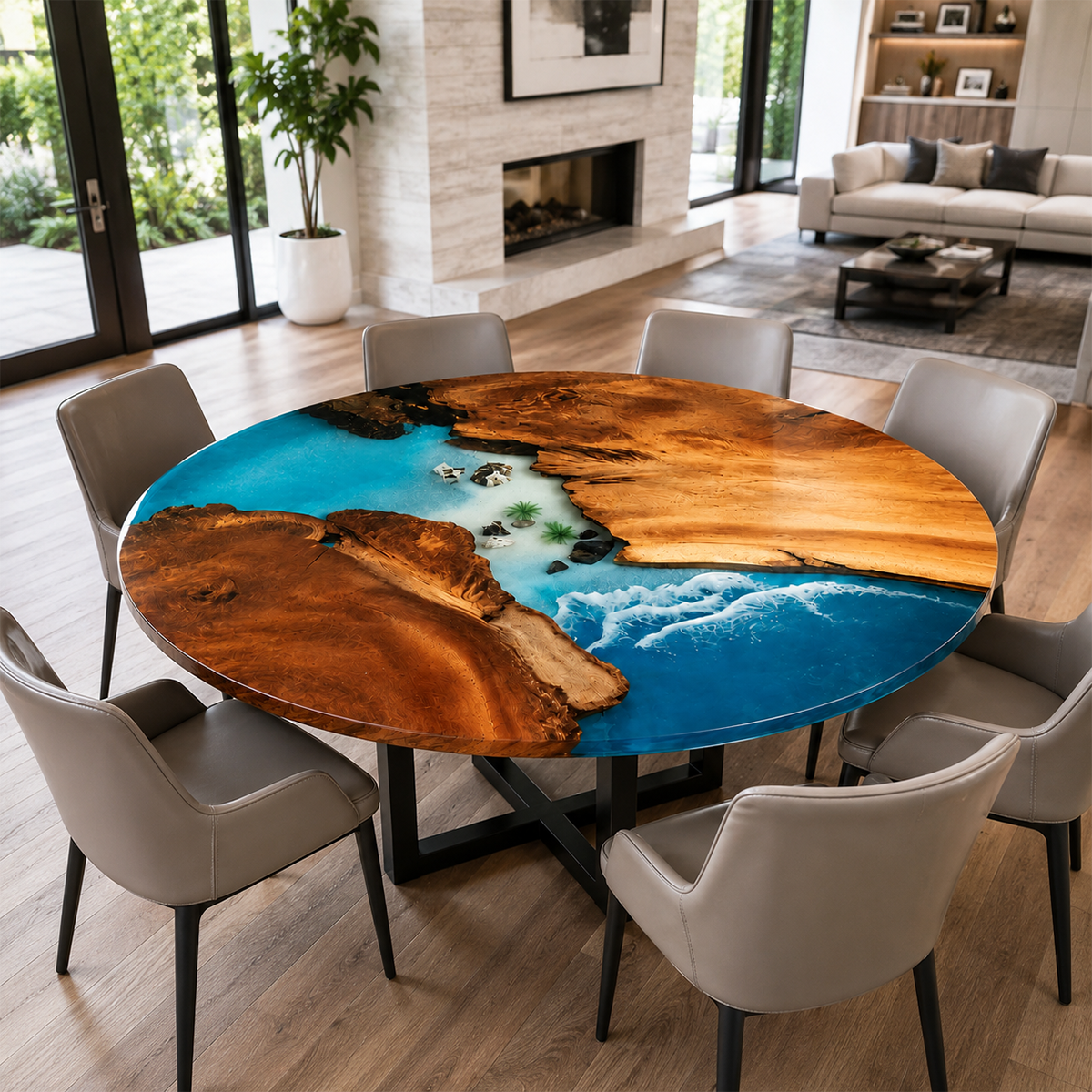 Olive Wood Blue Wave Resin Round Table