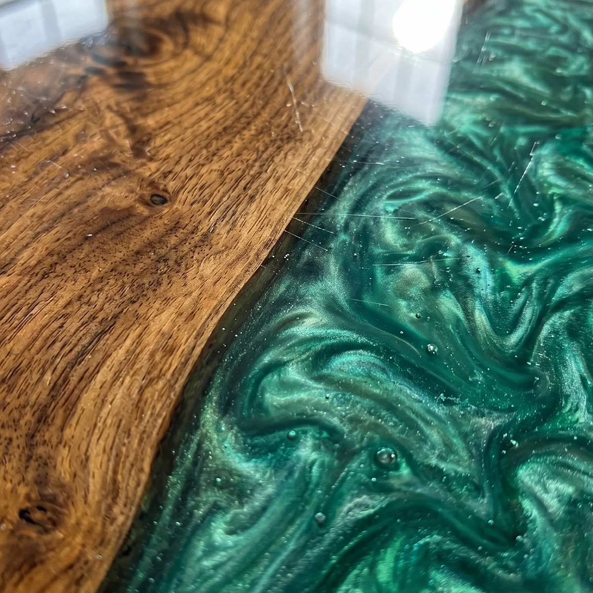 Live-Edge Walnut Wood Swirl Green Epoxy Resin River Table