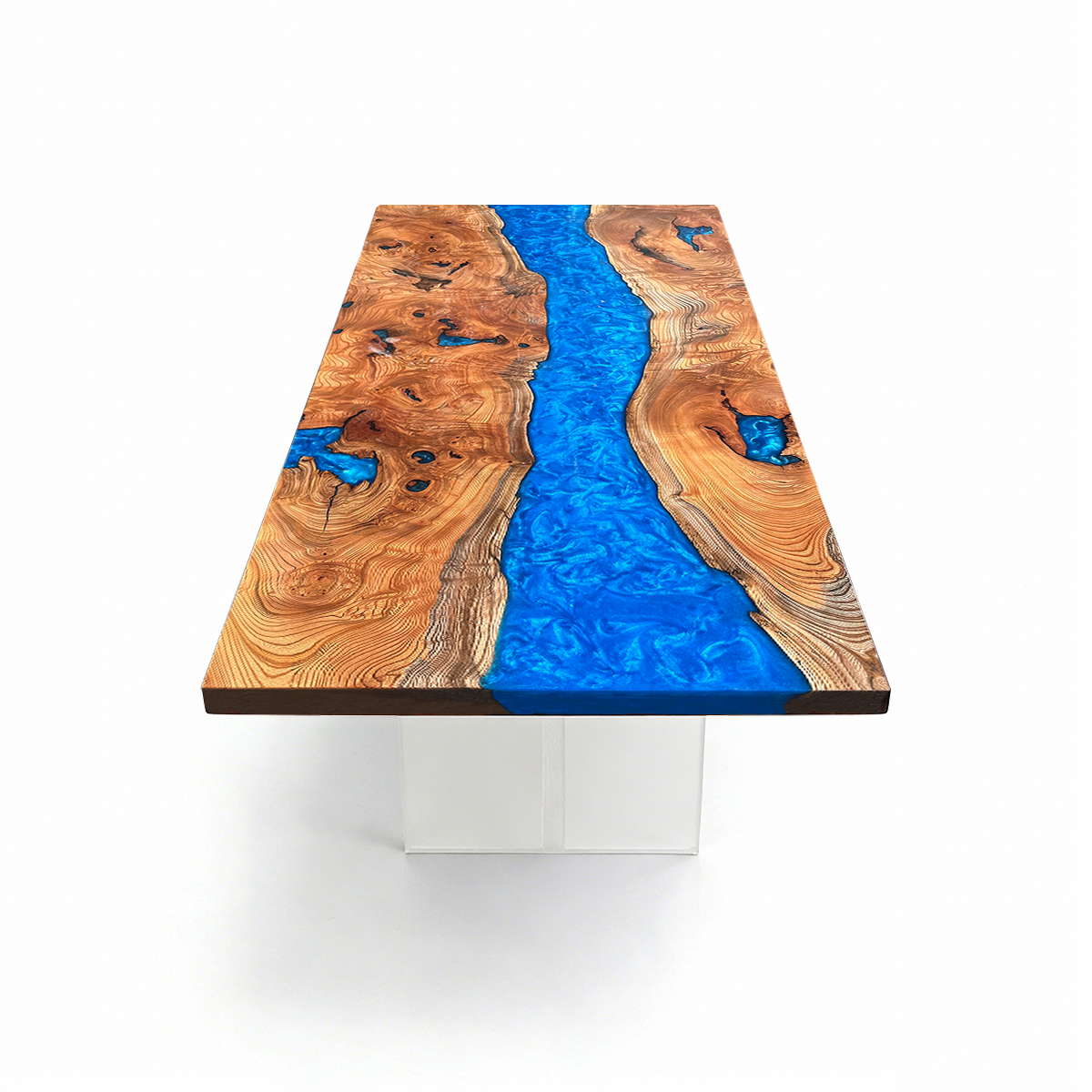 Walnut Wood Blue River Rectangle Epoxy vResin Dining Table