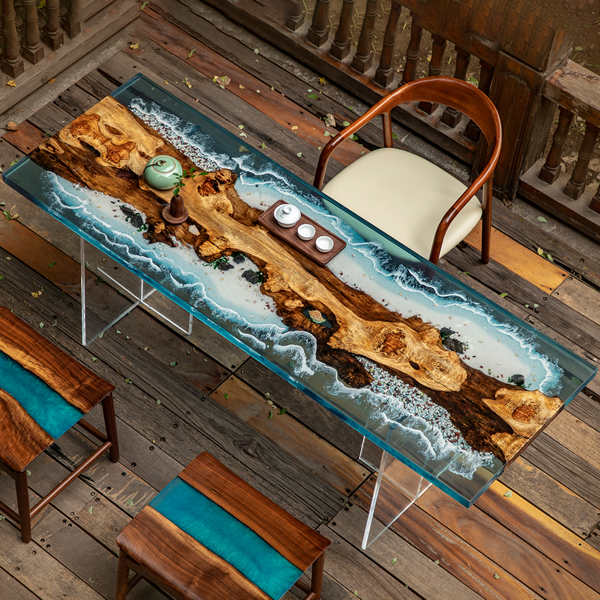Walnut Wood Ocean Wave Resin Coffee Table