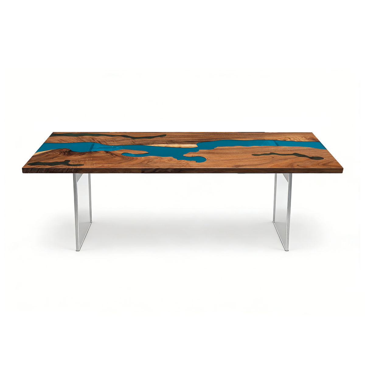 Walnut Wood Blue River Rectangular Epoxy Resin Dining Table