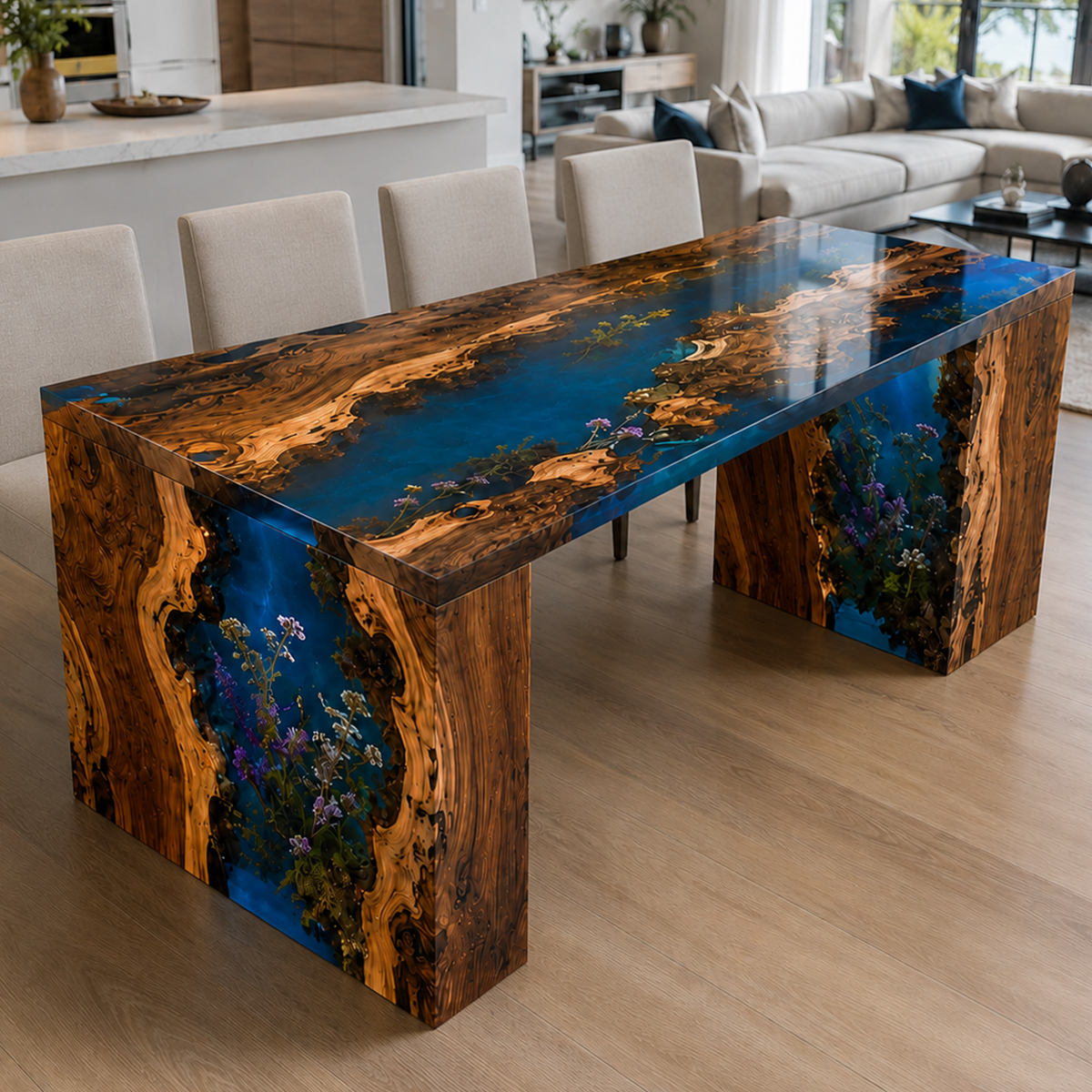 Walnut Wood Flower Blue Epoxy Resin Waterfall Dining Table