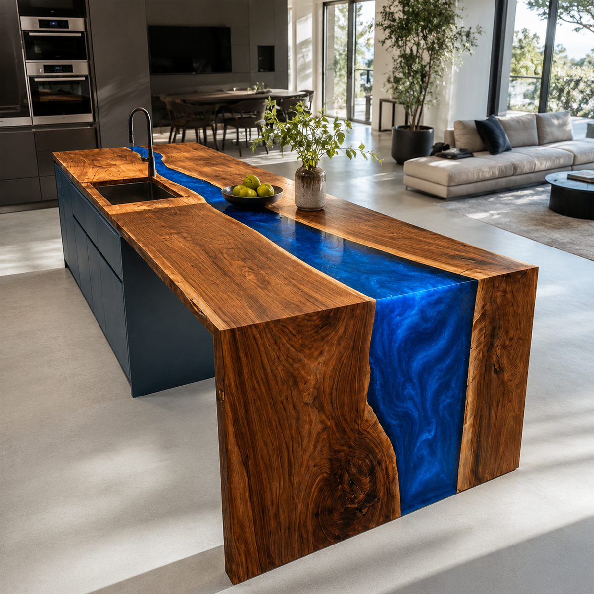 Walnut Wood Swirling Blue Epoxy Resin Table and Kitchen Bar Cabinet