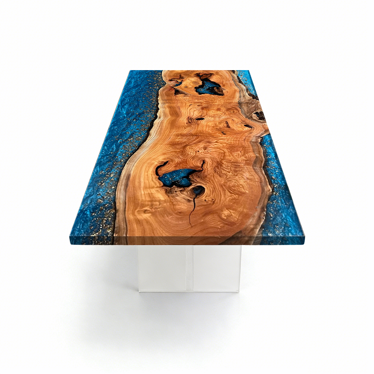 Rectangle Burl Wood Blue Epoxy Resin River Dining Table