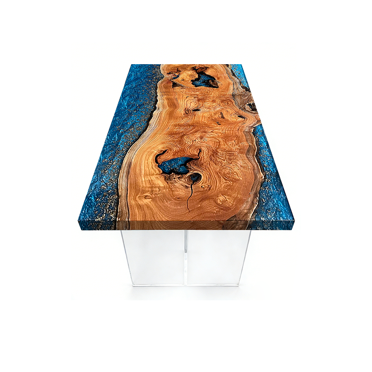 Maple Burl Wood Blue Epoxy Resin Dining Table with Gold Flakes