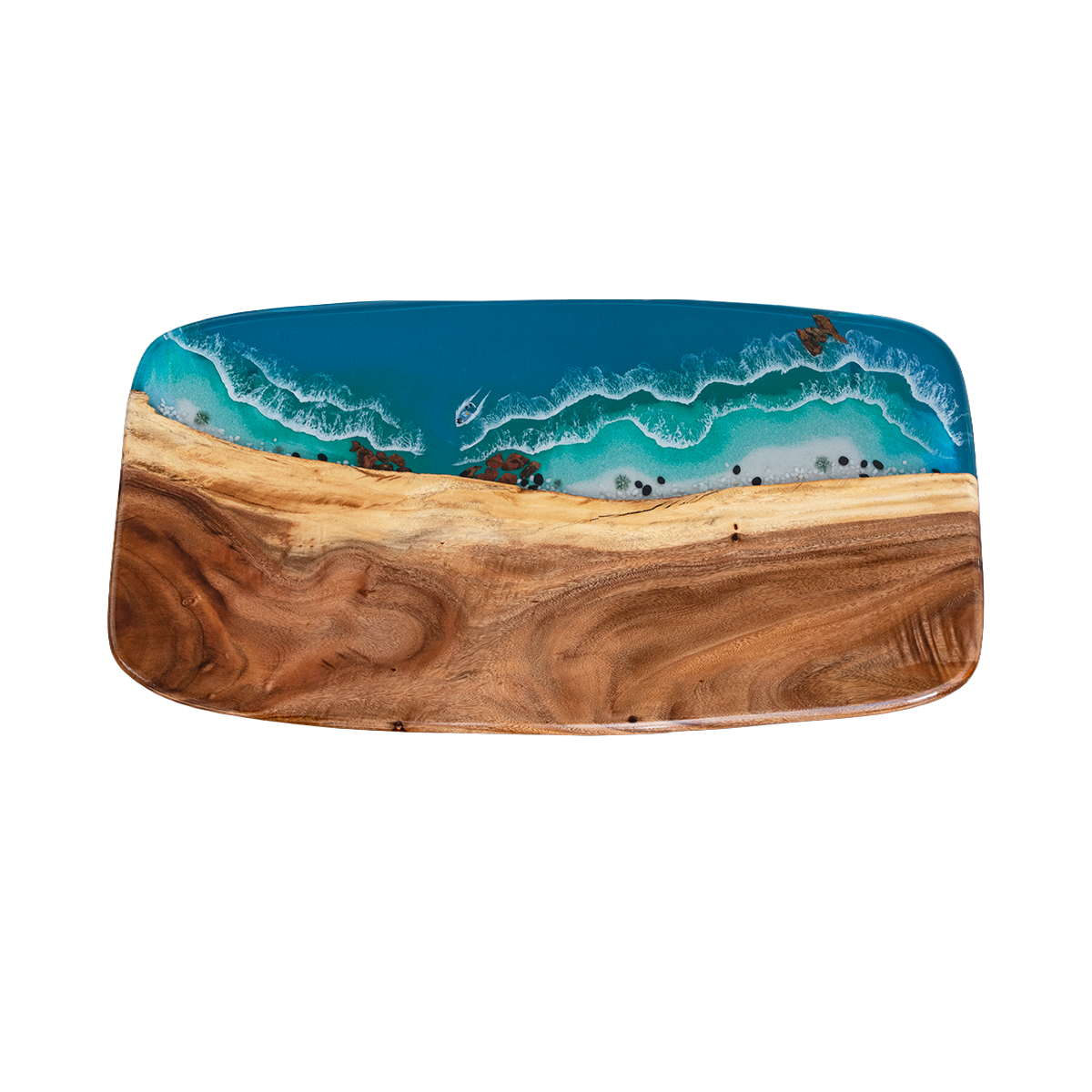 Walnut Wood Blue Wave Rectangle Resin Coffee Table