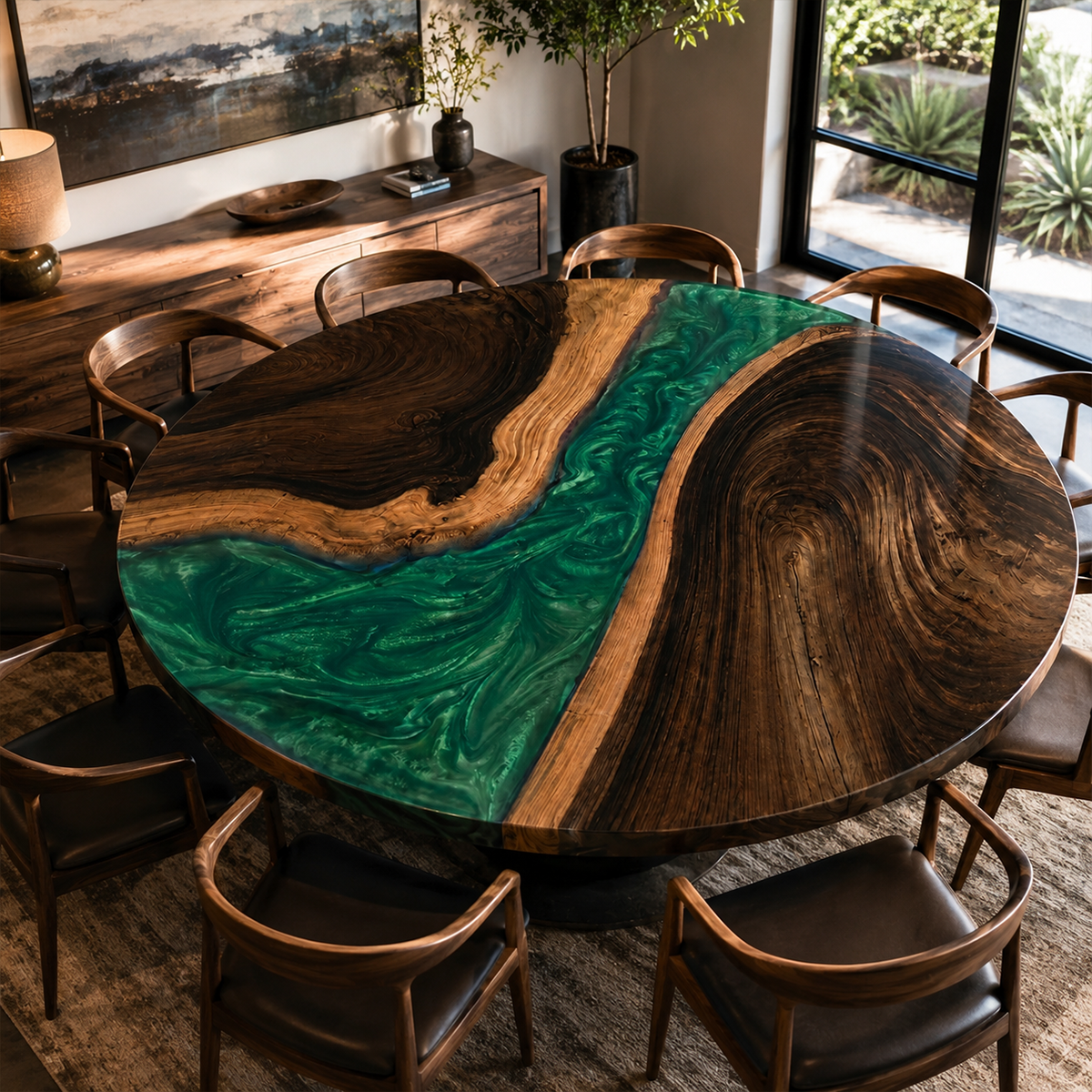 Black Walnut with Swirl Green Epoxy Resin Round Table