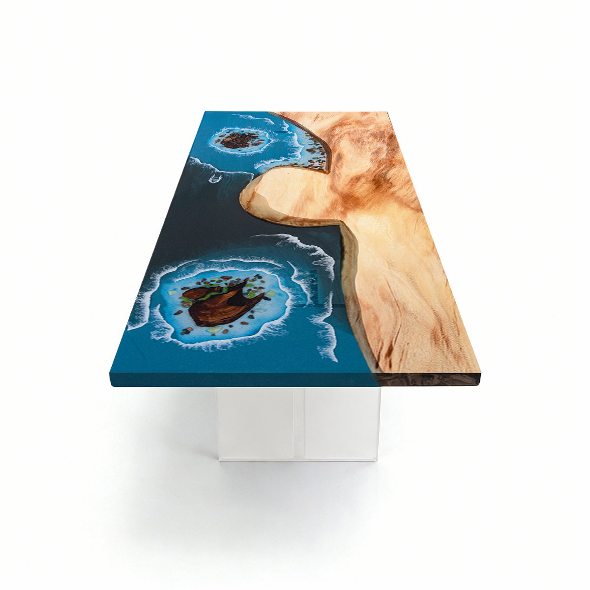 Walnut Wood Blue Wave Rectangle Resin Coffee Table