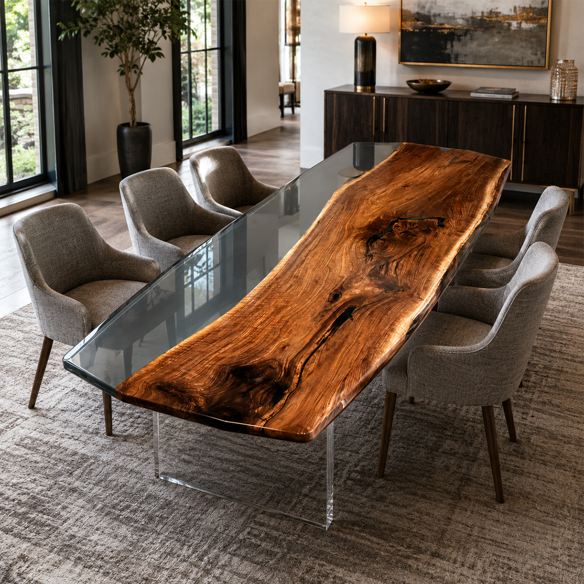 Black Walnut Wood with Black Transparent Epoxy Resin Dining Table 39.4"W x 94.5"L Thickness 2.4"