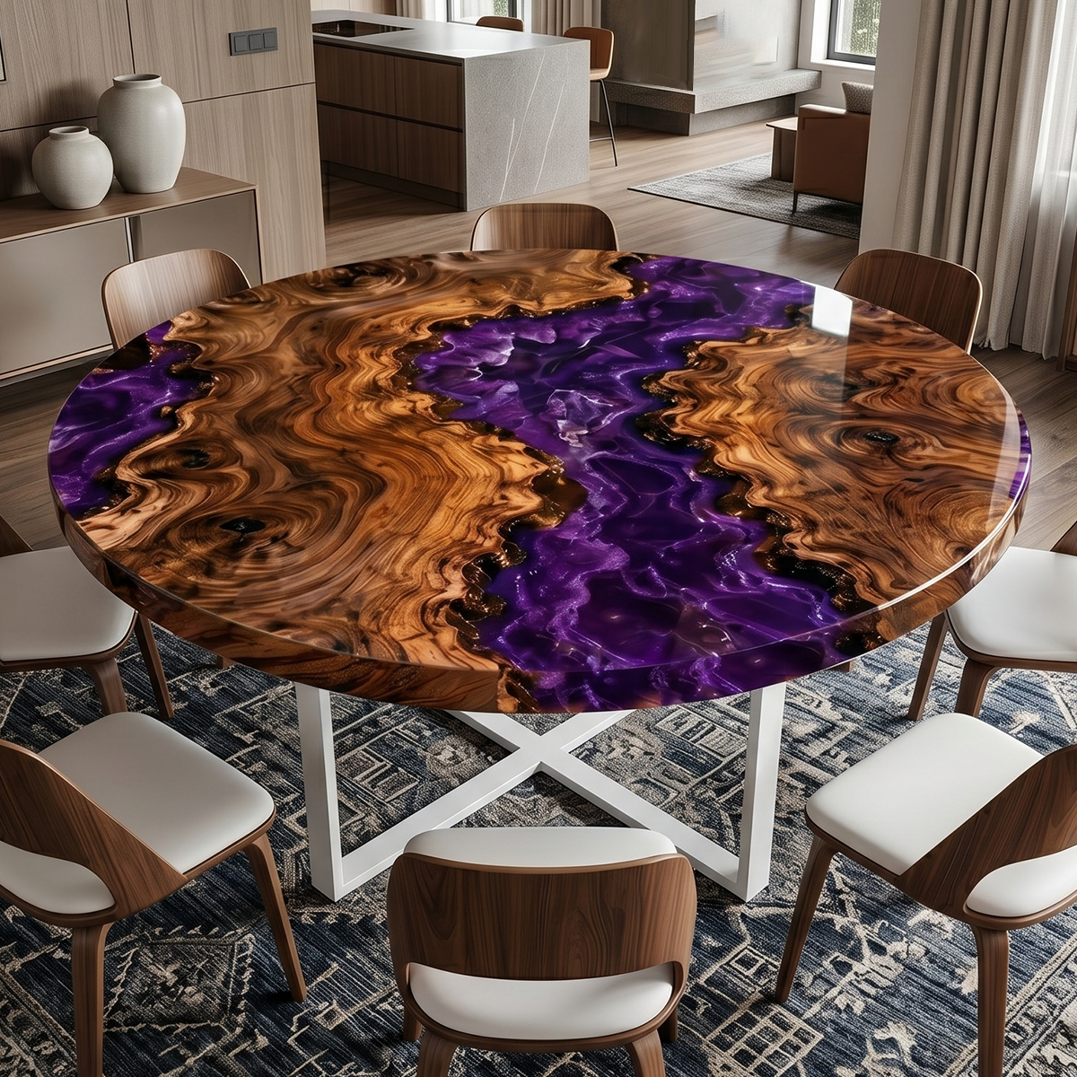 Walnut Wood Burl Purple River Epoxy Resin Round Table