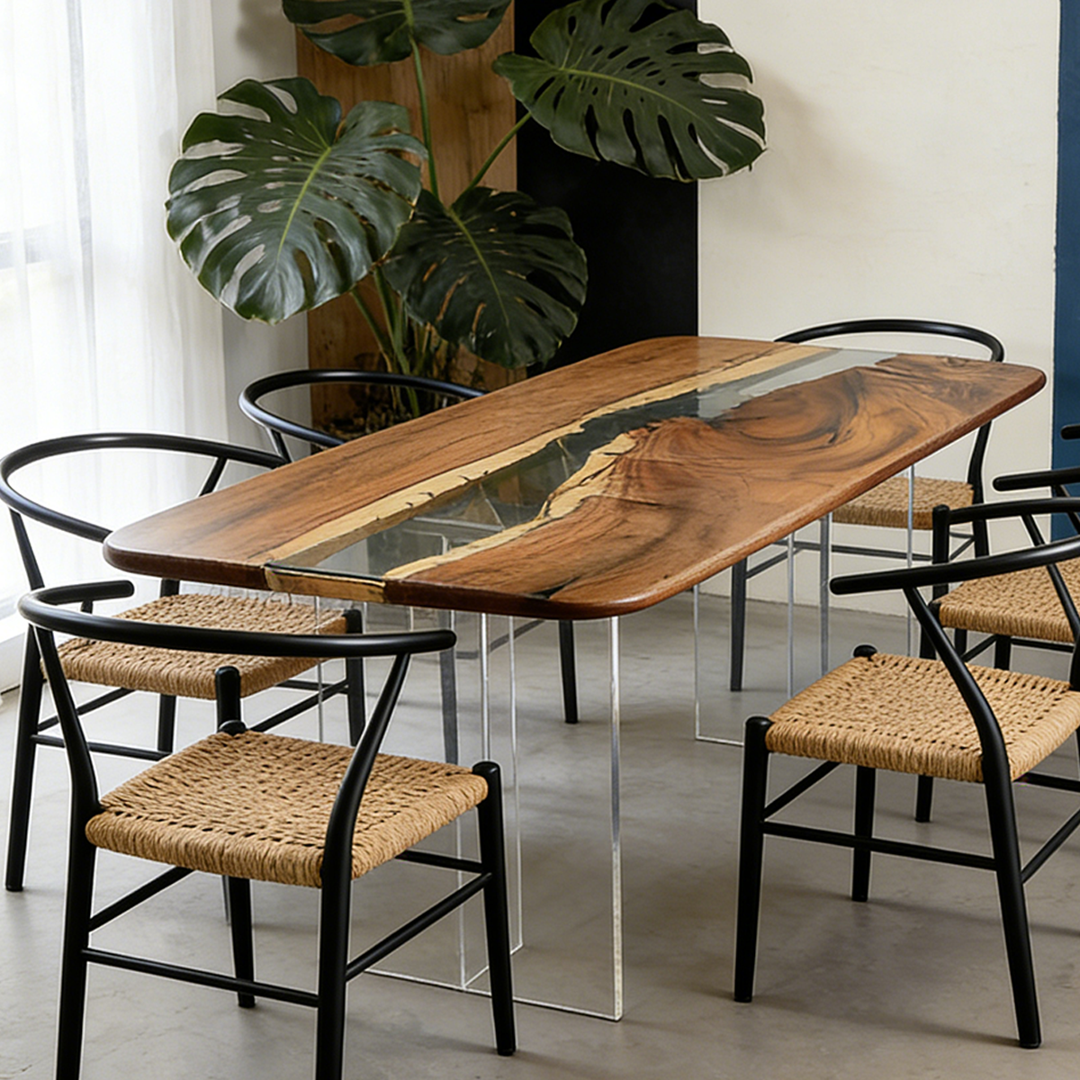 Walnut Wood Rectangle Epoxy Resin Dining Table