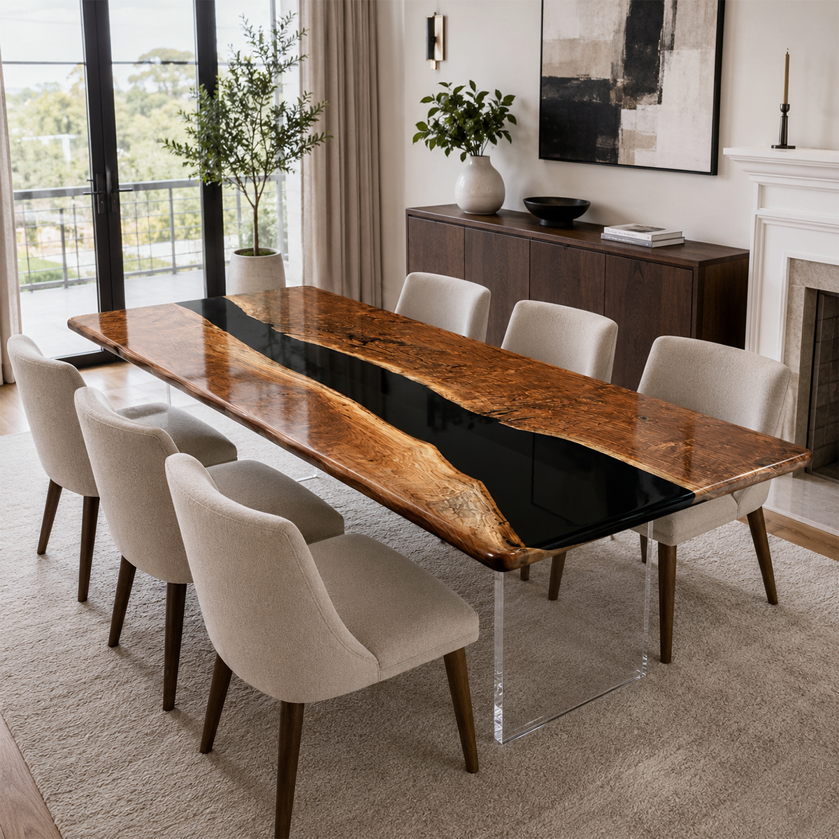 Black Walnut with Black Epoxy Resin Dining Table 31.5"W x 70.9"L Thickness 2.0"
