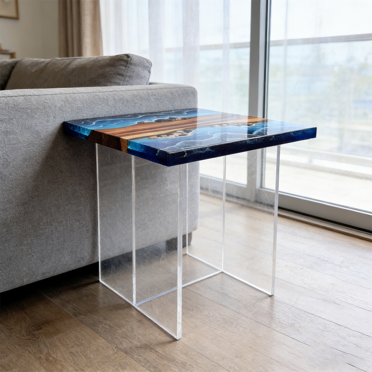 Walnut Wood Ocean Wave Resin Side Table
