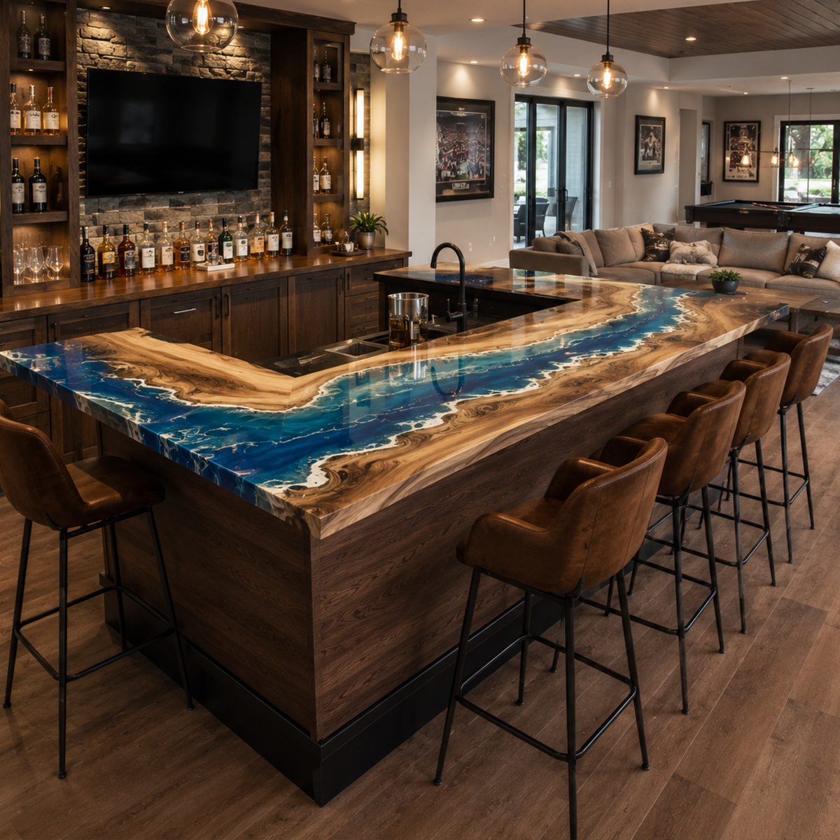 Walnut Wood L-Shaped Ocean Wave Custom Corner Epoxy Resin Bar Table