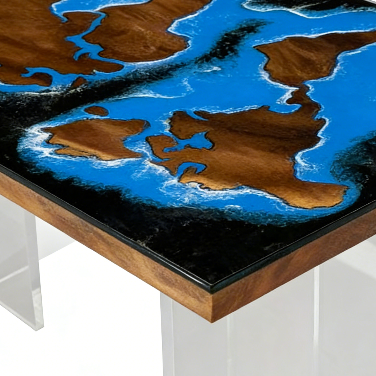 Walnut Wood Blue Ocean World Map Resin Coffee Table