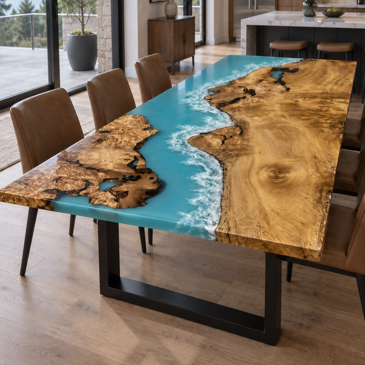 Golden Camphor Ocean Blue Epoxy Resin Table for Dining Room