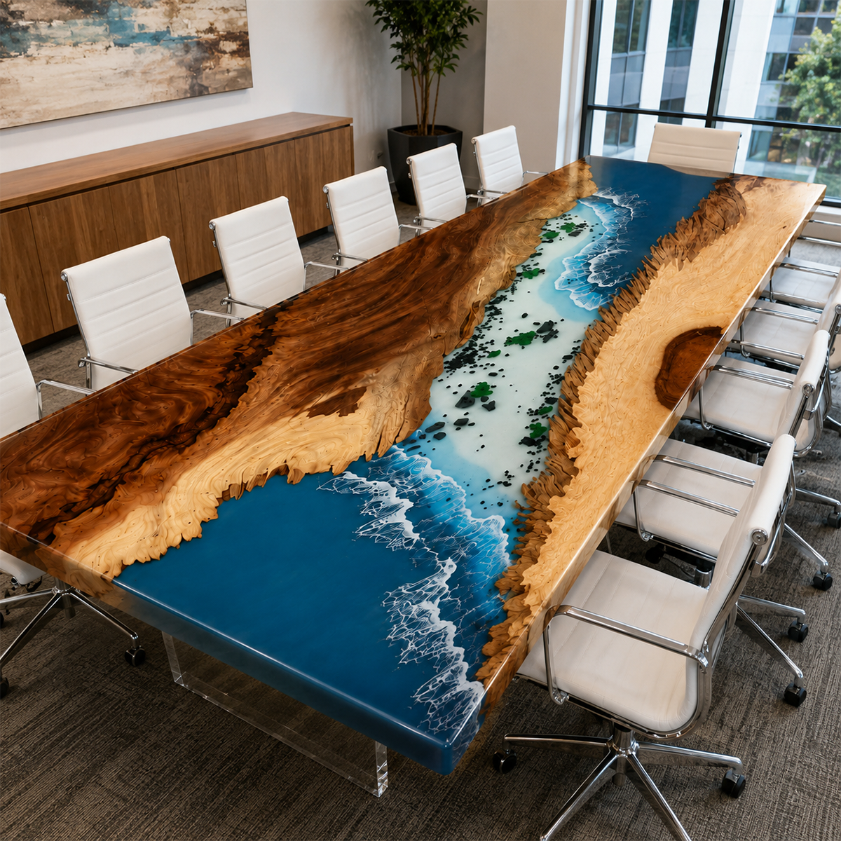 Walnut Wood with Blue Wave Epoxy Resin Conference Table