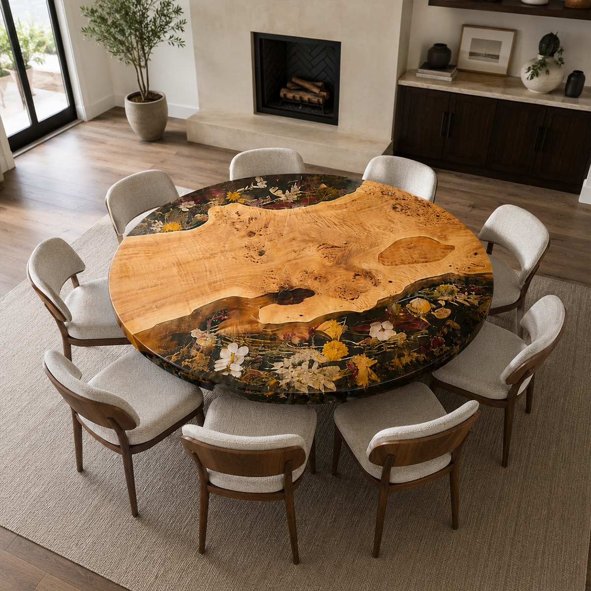 Poplar Wood Flower Round Resin Table