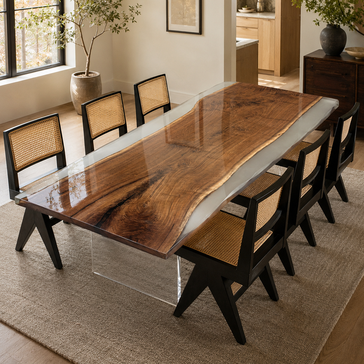 Black Walnut Wood with White Transparent Epoxy Resin Dining Table 35.4"W x 94.5"L Thickness 2.0"