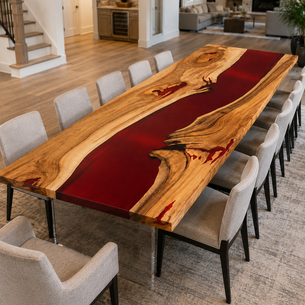 Walnut Wood with Red Epoxy Resin Dining Table