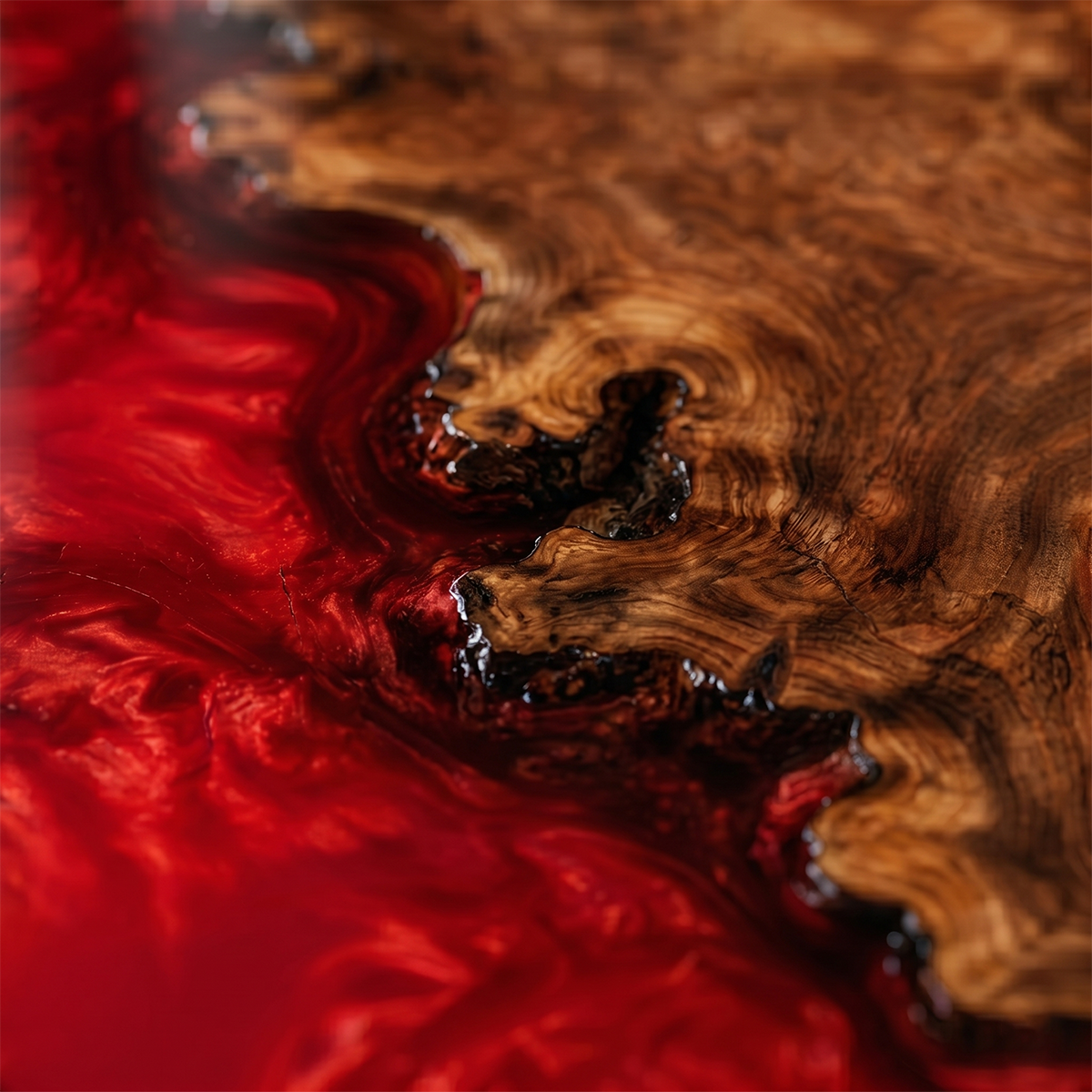 Round Burl Wood Red Epoxy Resin Coffee Table