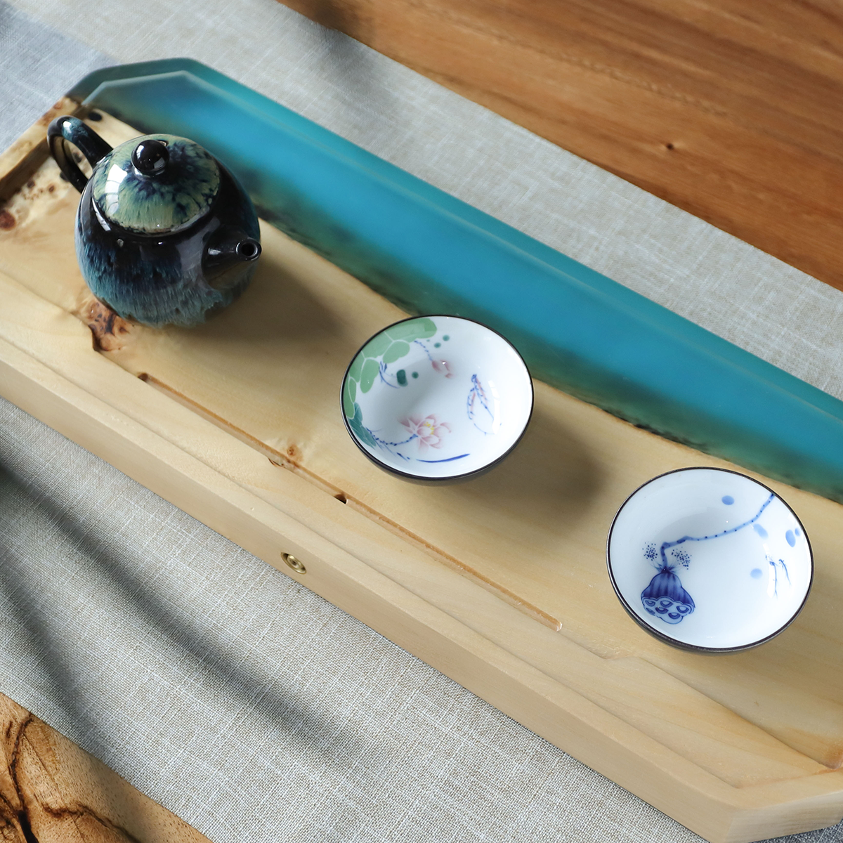 Light Wood Turquoise Epoxy Resin Tea Tray
