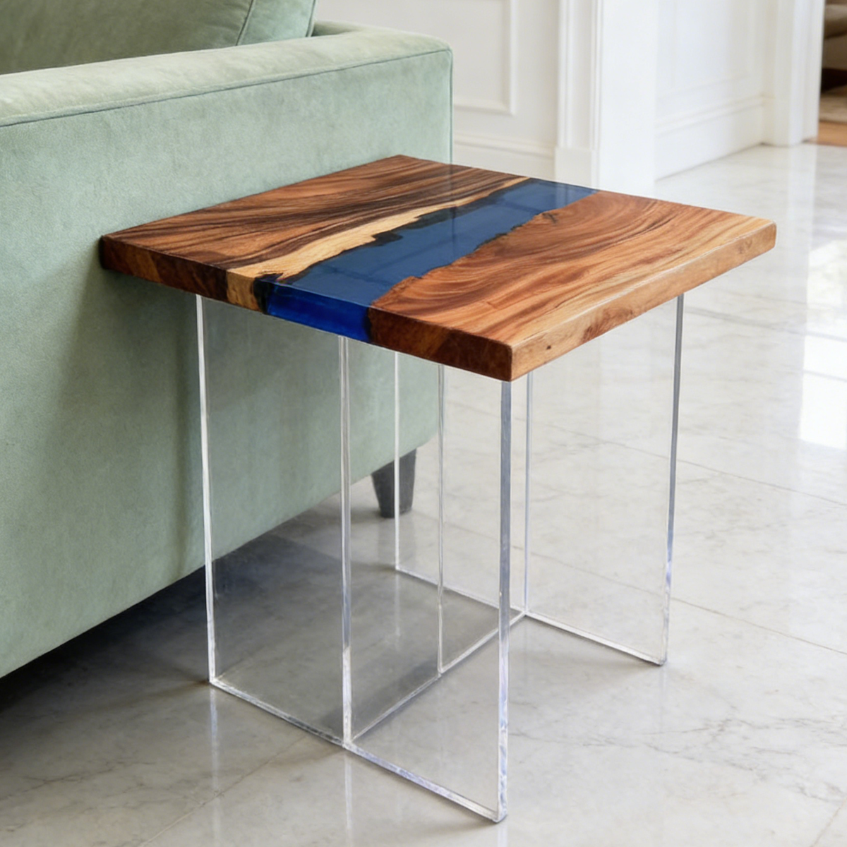 Walnut Wood Resin Blue River Side Table