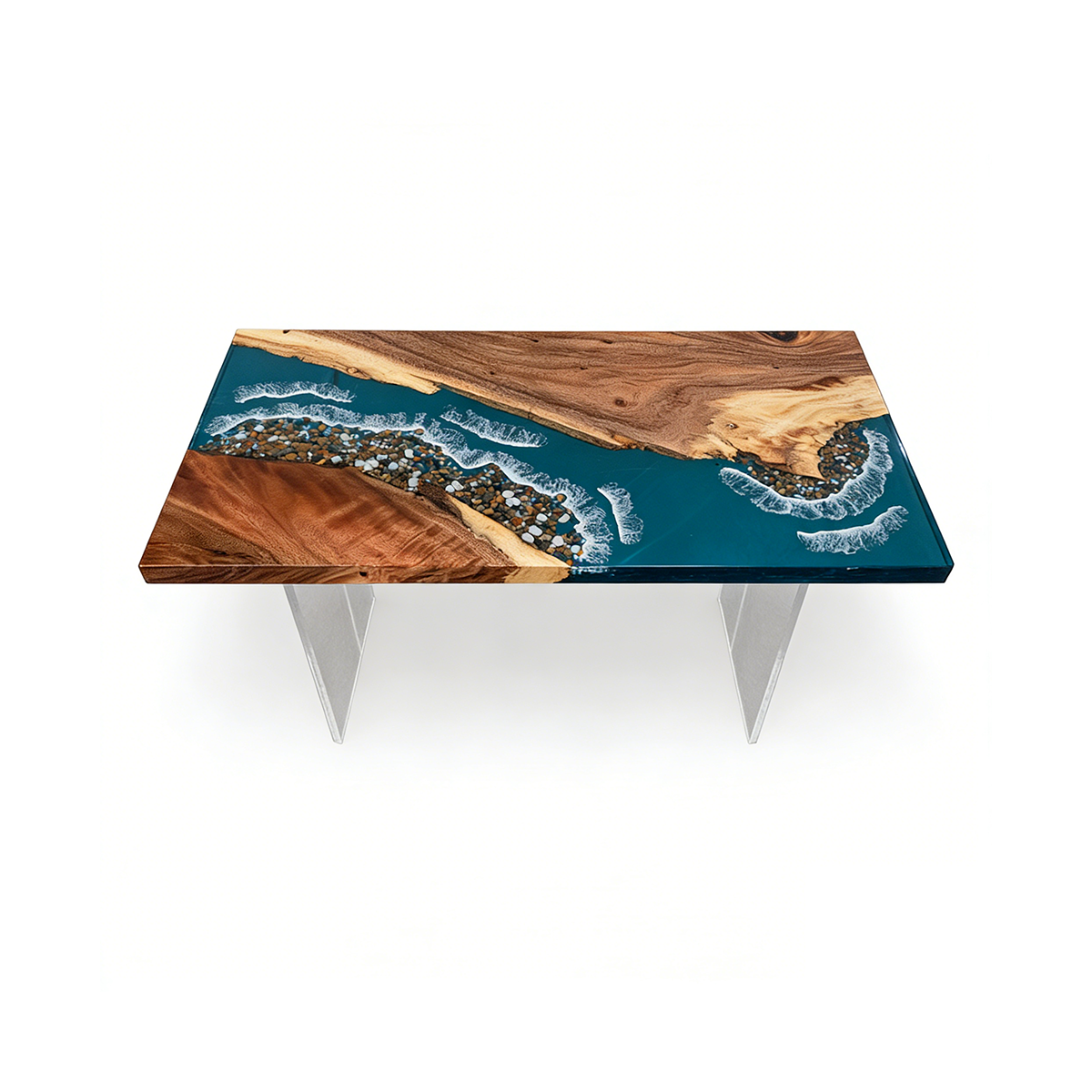 Walnut Wood Teal Ocean Wave Rectangle Resin coffee table