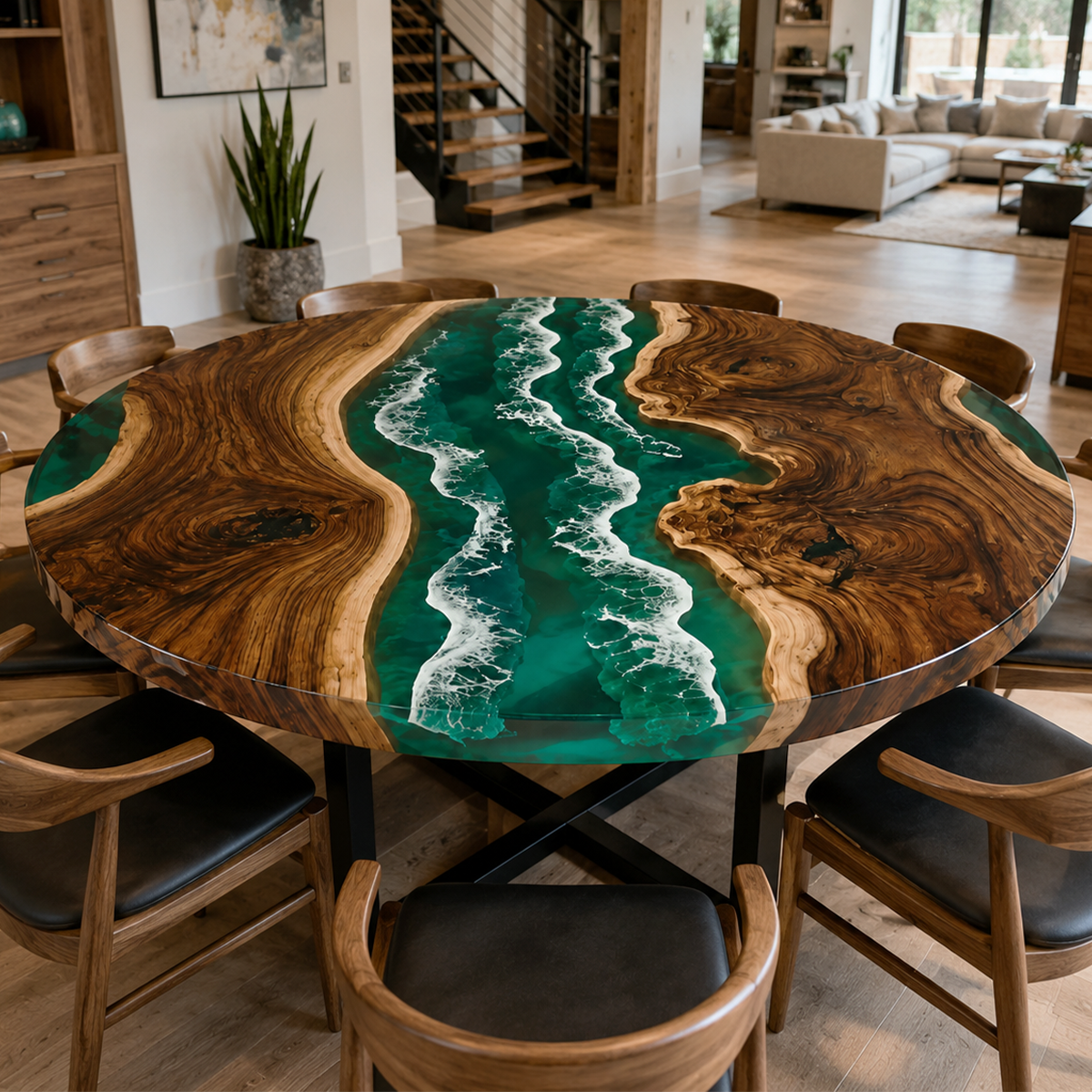 Black Walnut with Green Wave Epoxy Resin Round Table