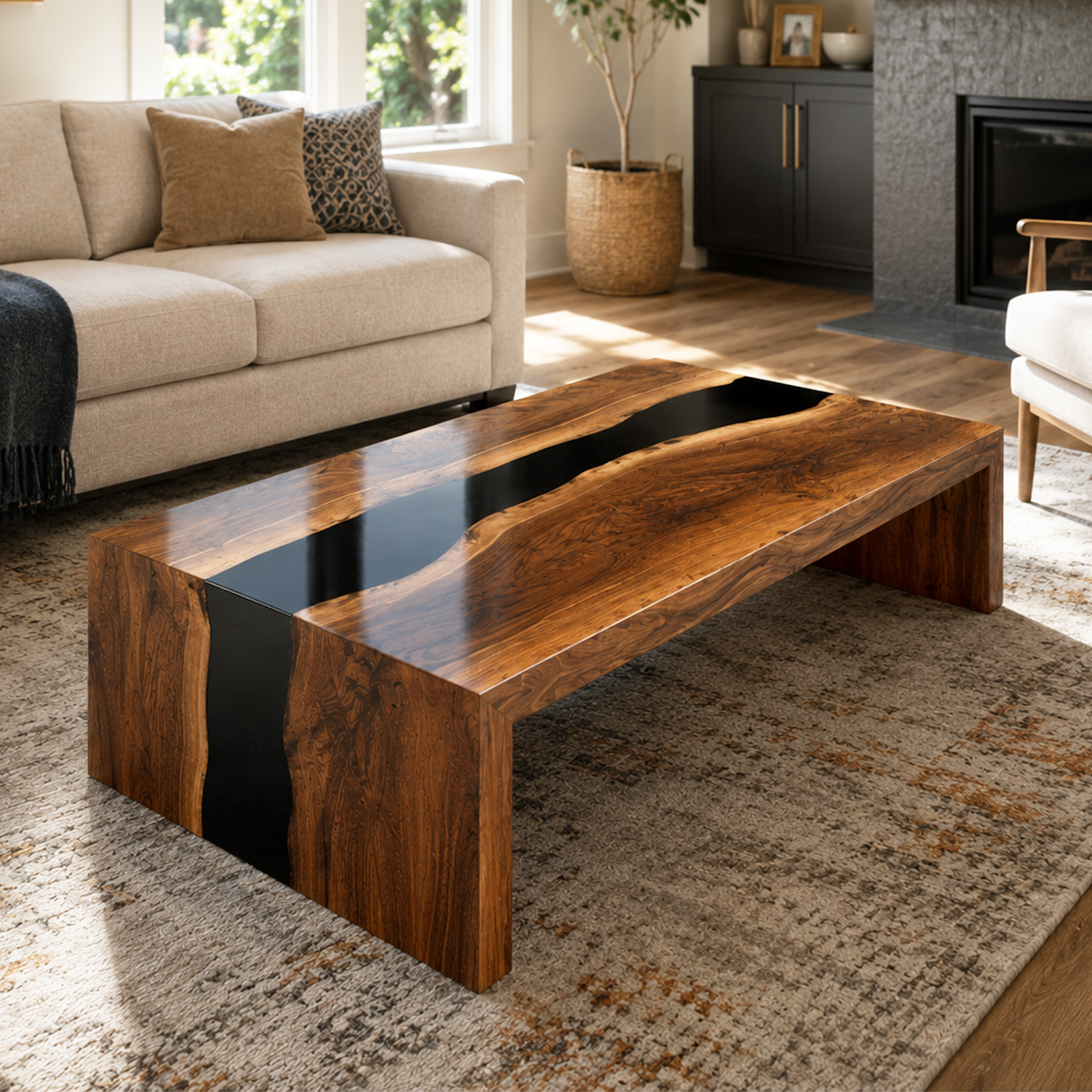 Walnut Wood Black River Epoxy Resin Waterfall Coffee Table