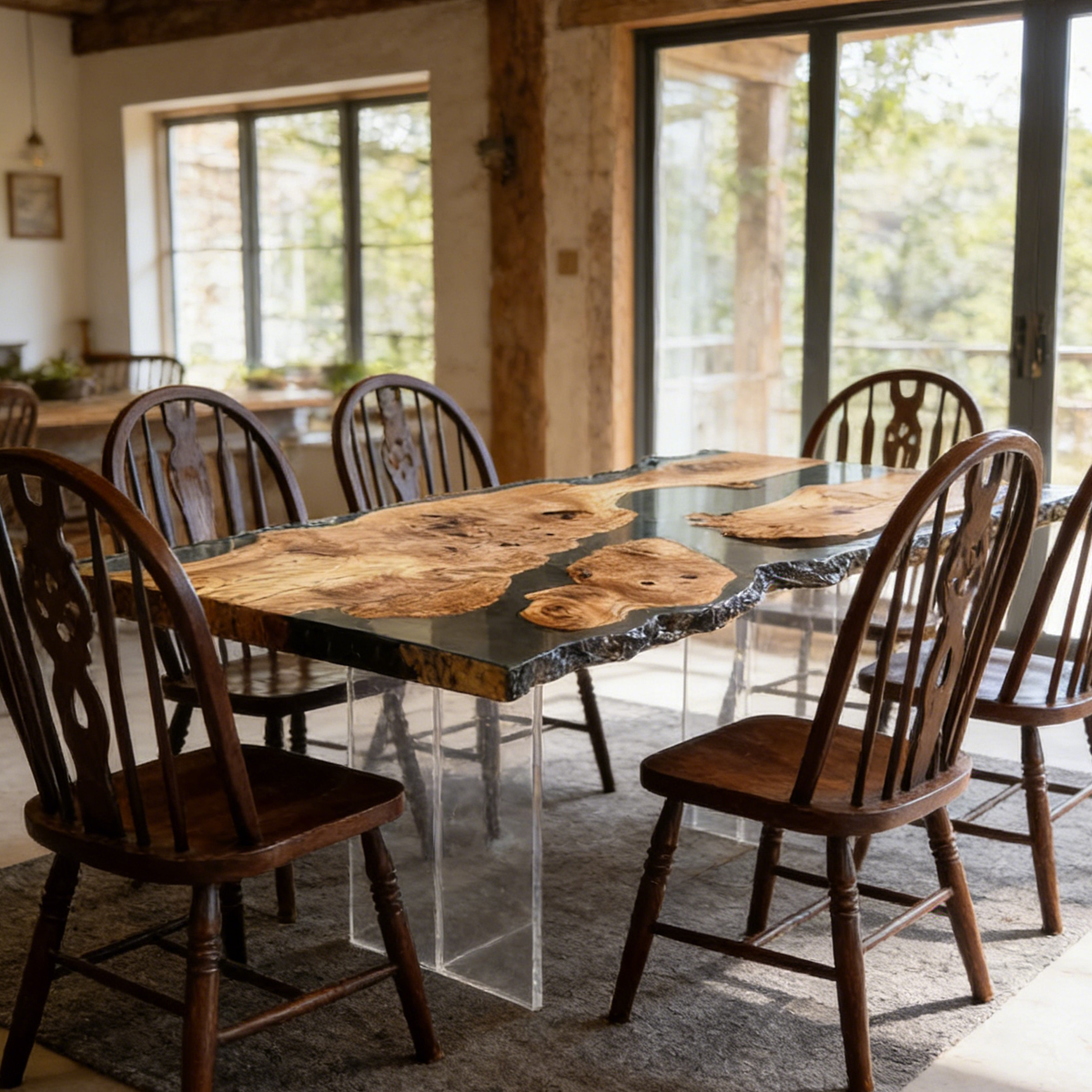 Olive Wood Live Edge Rectangle Epoxy Resin Dining Table