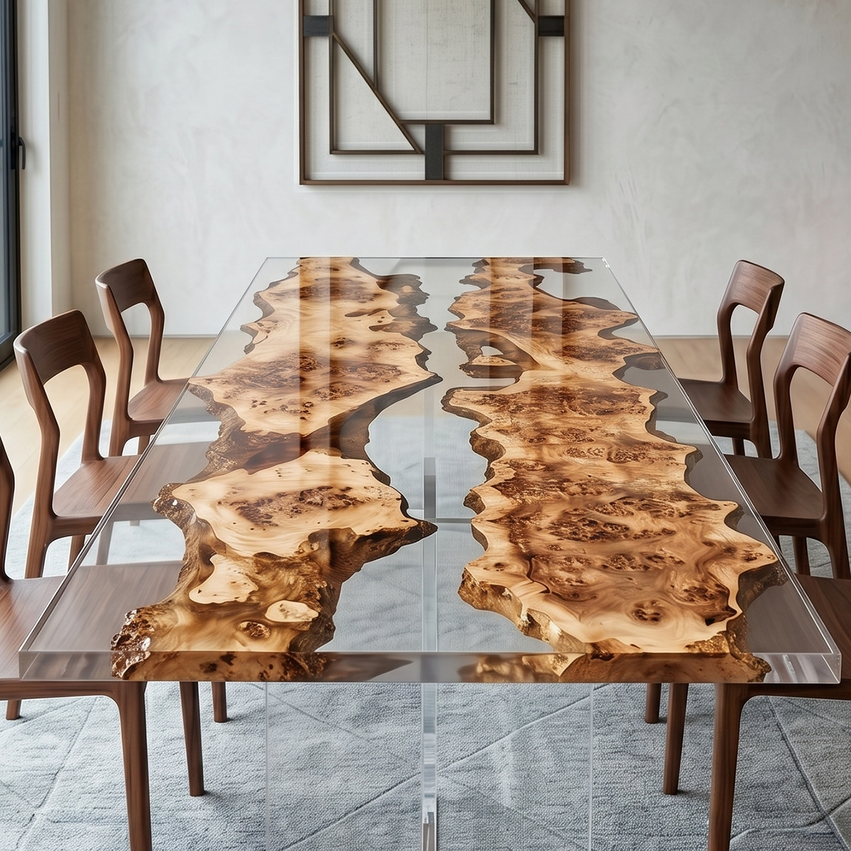 Popar Wood Clear Epoxy Resin Dining Table