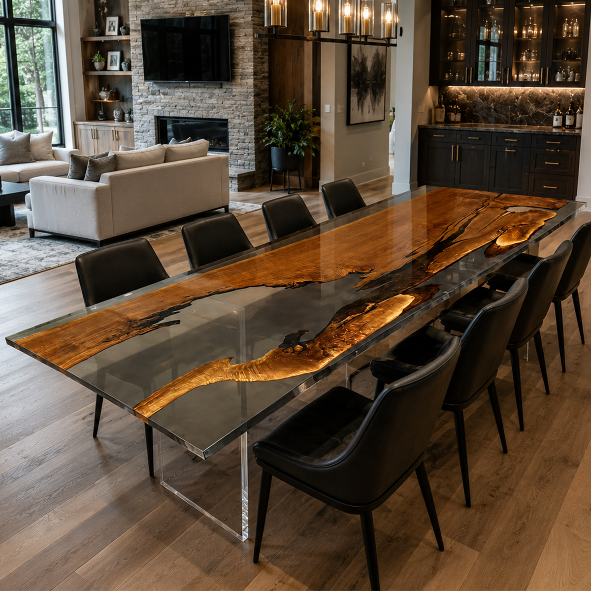 Black Walnut Wood with Black Transparent Epoxy Resin Dining Table 39.4"W x 137.8"L Thickness 2.4"