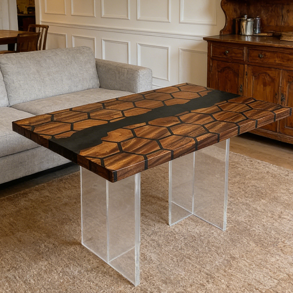 Hexagonal Walnut Wood LED Resin Coffee Table