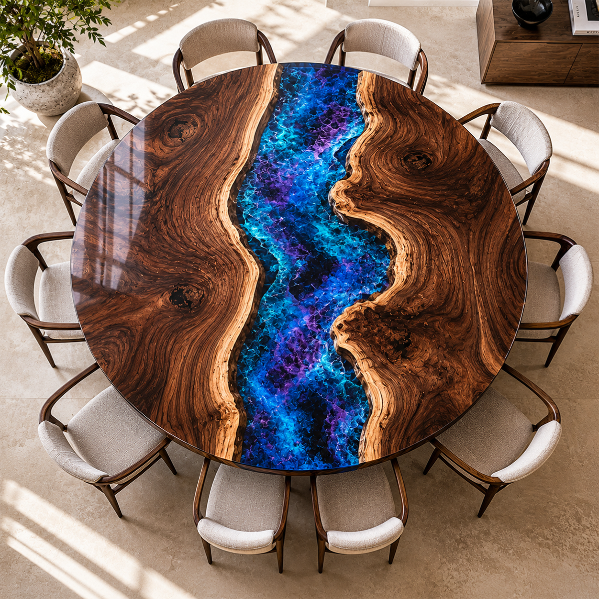 Black Walnut with Sky Epoxy Resin Round Dining Table